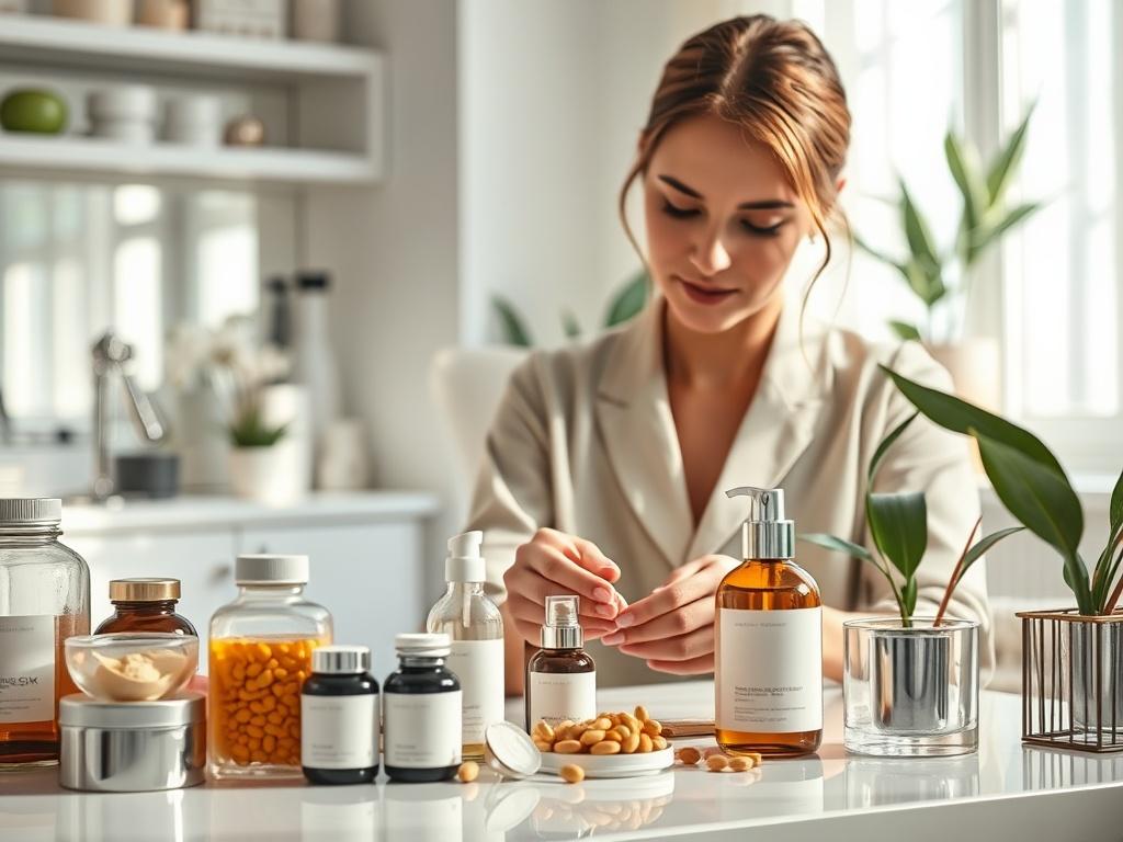 A close-up shot of a professional aesthetician working with nutritional supplements and skincare products in a modern, clean aesthetic clinic. Soft natural light illuminates the scene, highlighting the elegant setup with high-quality tools and products, conveying a sense of calm and professionalism.
