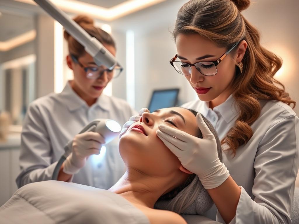 A realistic high-resolution photo of a professional aesthetician performing laser hair removal on a client in a modern clinic setting. The aesthetician is focused and using a laser device, while the client appears relaxed. The background shows a clean and sophisticated clinic environment with soft lighting, emphasizing a calm and professional atmosphere.