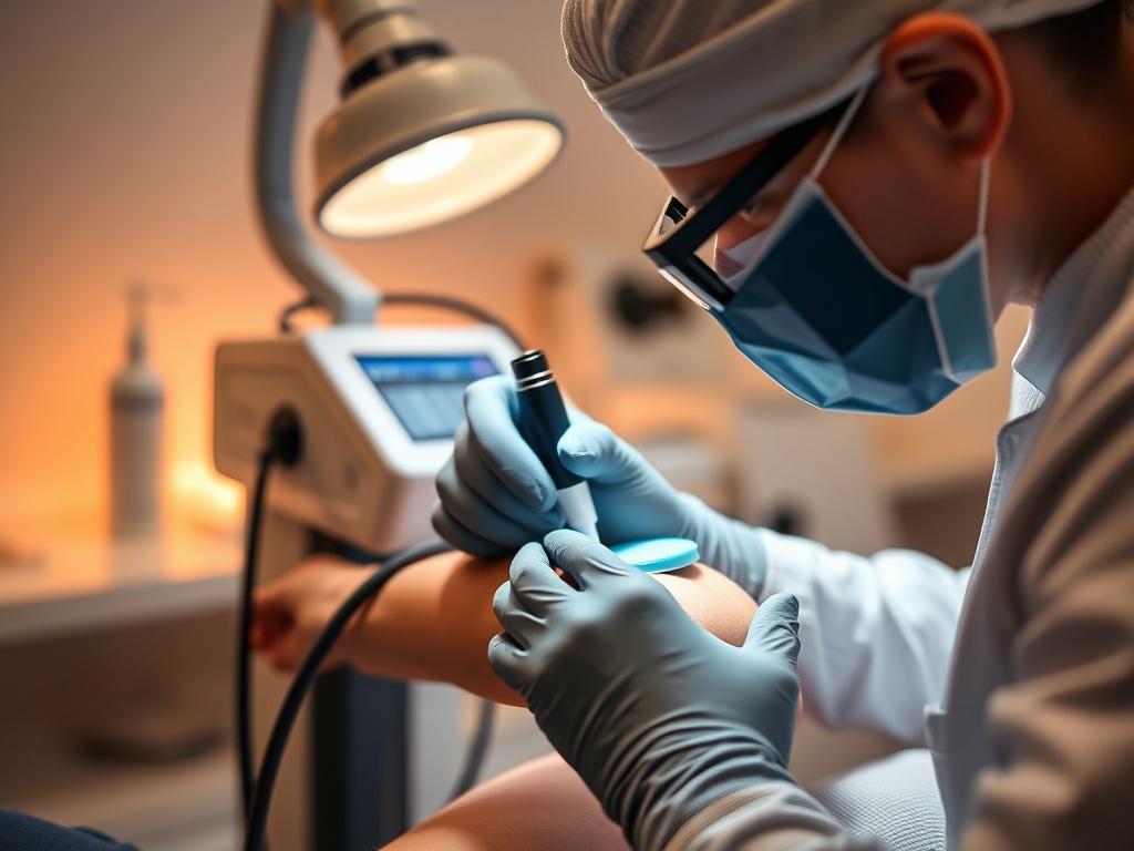 A realistic high-resolution photo of a professional in a modern aesthetic clinic performing tattoo removal using advanced equipment. The focus should be on the technician's hands working carefully on a client's arm, showcasing a clean and sterile environment. The background should be softly blurred to emphasize the action, with warm lighting to convey a sense of professionalism and care.