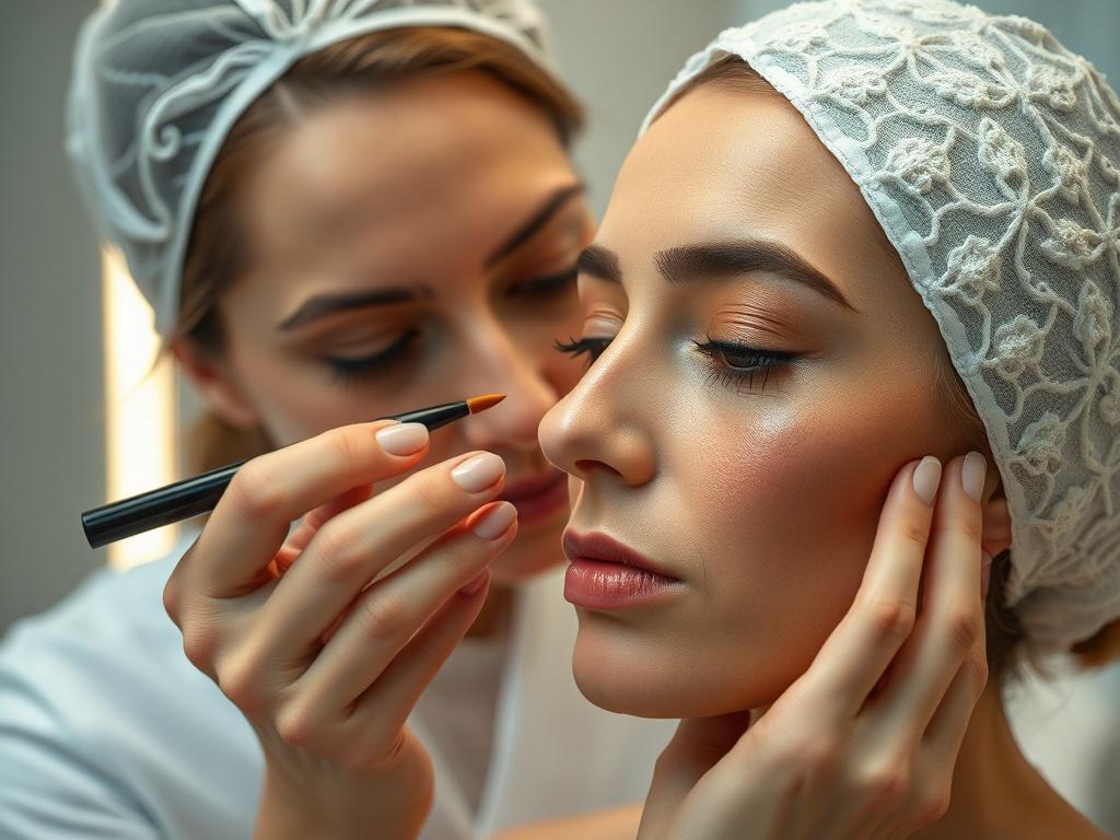 A realistic close-up photograph of a professional aesthetician applying medical camouflage makeup on a client's skin, showcasing a natural blending of colors. The background should be a softly lit, modern clinical setting that conveys a sense of calm and professionalism. The aesthetician should be focused and skilled, demonstrating precision in their application. The color palette should include warm tones that complement the primary golden color (#CFB07C), highlighting the elegance and luxury of the servic