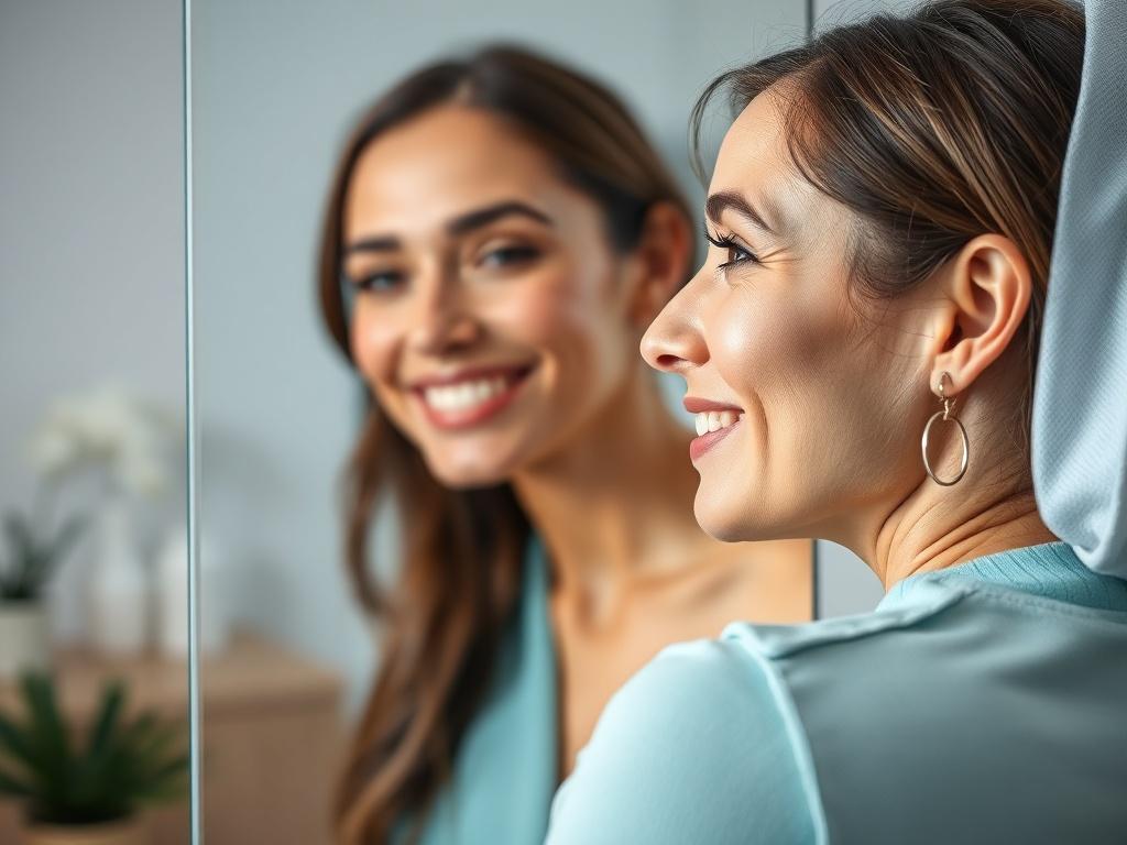 A close-up shot of a satisfied client looking at her skin in the mirror after stretch mark camouflage treatment, showing natural-looking results. The background should depict a clean, modern aesthetic clinic with soft lighting, creating a welcoming and serene atmosphere.