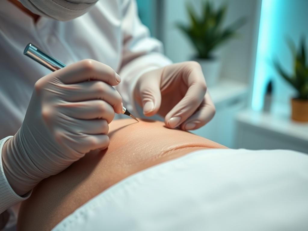 A close-up shot of a beautician applying skin-colored pigment to stretch marks on a client's skin in a modern, well-lit aesthetic clinic environment. The focus is on the careful application process, with a clean and professional backdrop that emphasizes hygiene and care. The image should capture the texture of the skin and the tools used, showcasing a serene atmosphere.