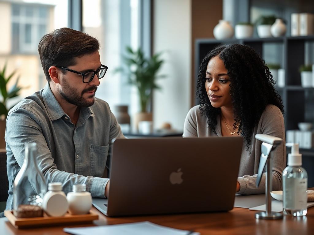 A high-resolution close-up shot of a mentorship session taking place in a professional setting, showcasing a mentor and a mentee discussing strategies over a laptop with aesthetic products in the background. The environment should reflect a modern and sophisticated vibe.
