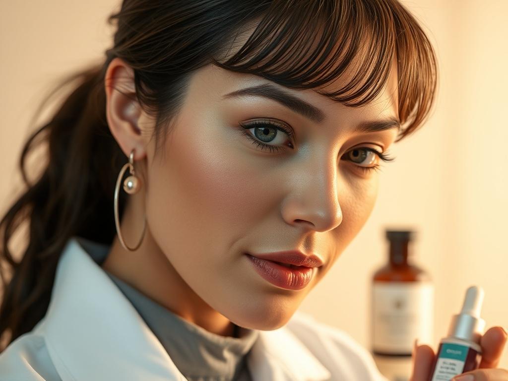 A high-resolution close-up shot focusing on a professional in a modern aesthetic training environment, highlighting elements of nutricosmetics like supplements and skincare products. The background should be soft and minimalistic, emphasizing calm and wellness, with a warm golden hue to reflect the luxury of the brand.