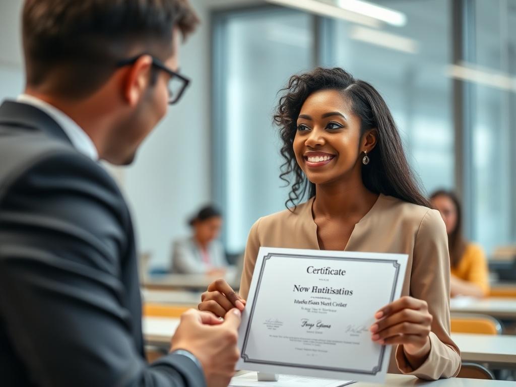 A high-resolution close-up shot featuring a professional receiving a certification in a bright and modern classroom setting. The focus should be on the certificate and the professional's expression of achievement, with a soft background that conveys a sense of accomplishment and elegance.