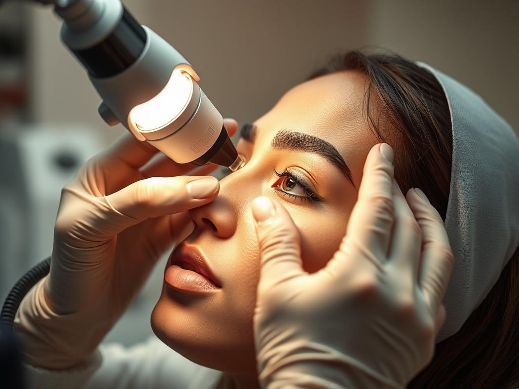 A realistic close-up photo of a professional aesthetician applying laser PMU techniques on a client's eyebrow in a modern clinic setting. The image should focus on the aesthetician's hands working delicately and the laser equipment used, with a soft blurred background that conveys a calm and professional atmosphere. The color palette should harmonize with the warm gold primary color #CFB07C.