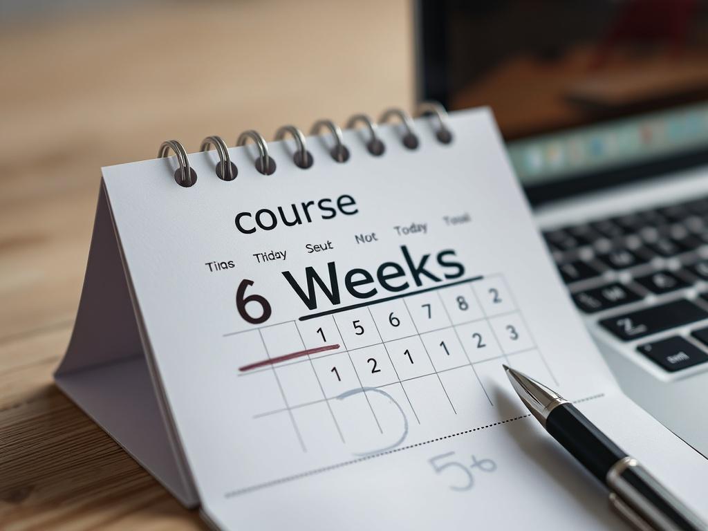 A high-resolution image showing a calendar page marked with the course duration of 6 weeks, with a pen and a laptop beside it, symbolizing planning and commitment. The background is softly blurred, emphasizing the calendar, and the color palette should reflect the brand colors, incorporating elements of elegance and professionalism.