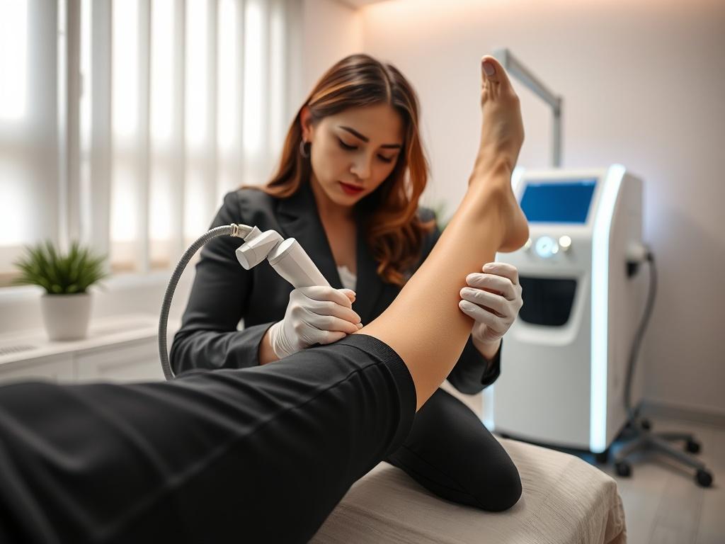 A close-up shot of a professional aesthetician performing laser hair removal on a client's leg in a modern clinic environment. The room is well-lit with a calm and soothing atmosphere, featuring high-tech laser equipment in the background. The aesthetician is focused, wearing professional attire, and the client appears relaxed, showcasing the personalized care aspect. Use a soft gradient background to enhance the elegance of the setting.