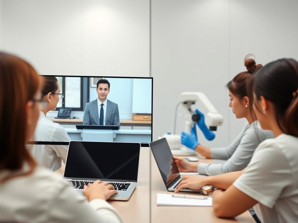 An engaging image showcasing a split-screen of a virtual classroom on one side and an in-person training session on the other. The virtual side features a laptop with an instructor, while the physical side displays students practicing laser hair removal techniques. Use a clean and elegant design that reflects the premium nature of the course.