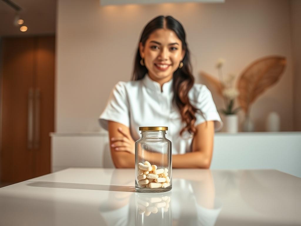 A close-up shot of a professional aesthetician in a modern clinic environment, focused on a beautiful glass jar of nutricosmetic supplements on a pristine white table. The lighting is soft and warm, capturing the elegance of the clinic. The aesthetician, a young woman with an inviting smile, is wearing a clean white uniform, radiating professionalism and confidence. The background features subtle organic shapes in soft beige tones, emphasizing a sense of wellness and beauty.