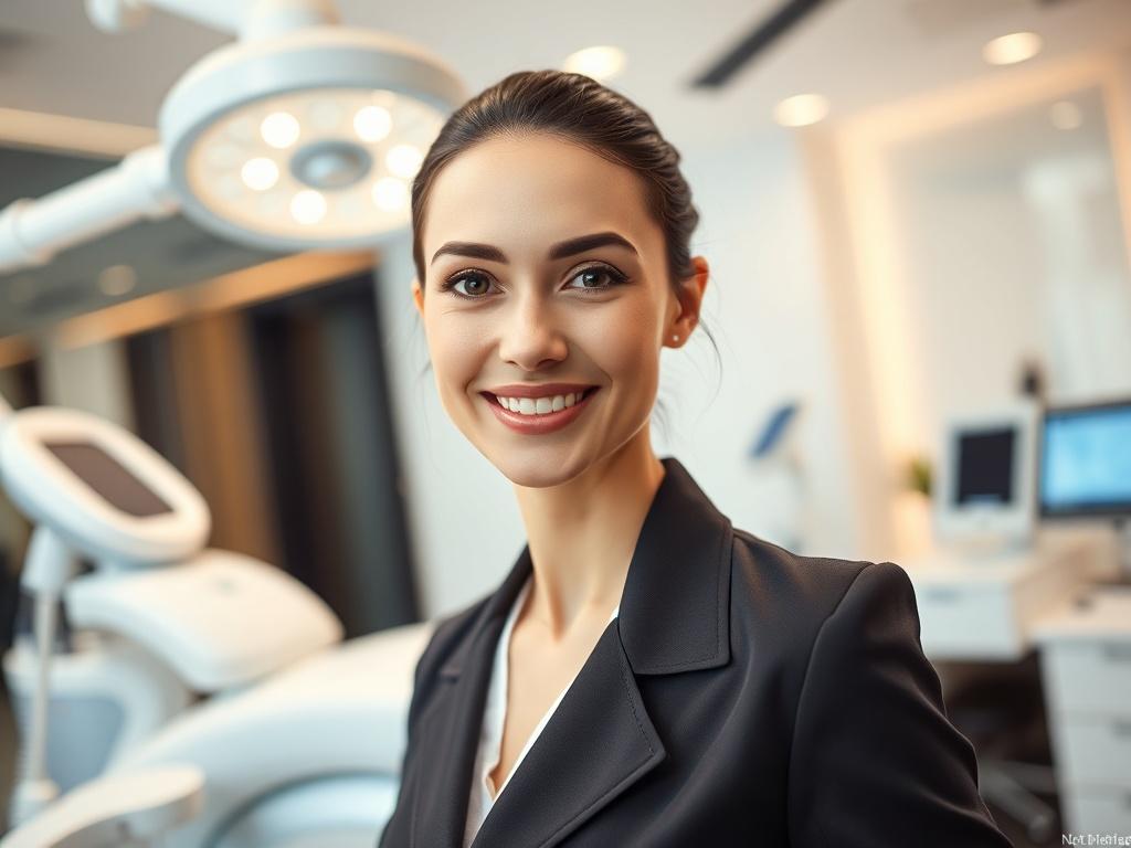 A realistic high-resolution photo of a confident aesthetic specialist in a modern beauty clinic, wearing a stylish uniform and smiling at the camera. The background should be softly blurred, showcasing advanced aesthetic equipment in a clean and elegant environment. The lighting should be warm and inviting, highlighting the professionalism and elegance of the specialist.