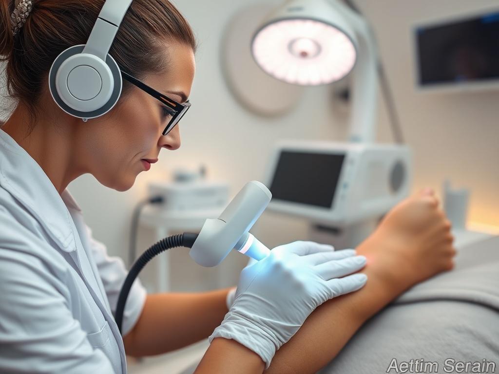 An aesthetic professional focused on a tattoo removal laser machine, demonstrating the procedure on a client's arm, showcasing a clean and modern treatment room with high-tech equipment and a soothing ambiance.