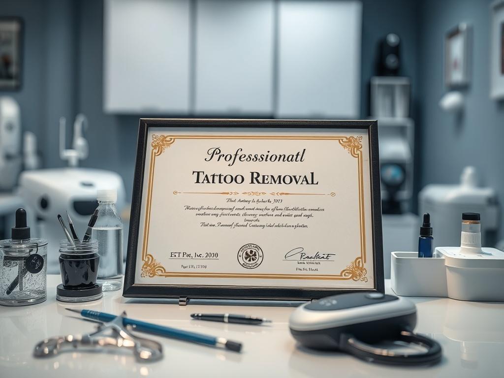 A professional certificate in tattoo removal displayed on a desk, surrounded by aesthetic tools and equipment, in a well-lit clinic, conveying a sense of achievement and professionalism.
