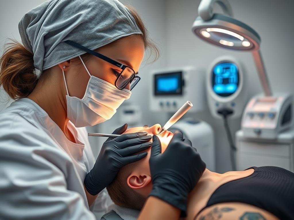 A close-up shot of a professional aesthetician demonstrating tattoo removal techniques on a client in a modern clinic environment, with advanced aesthetic technology in the background, soft natural lighting, and a calm atmosphere.