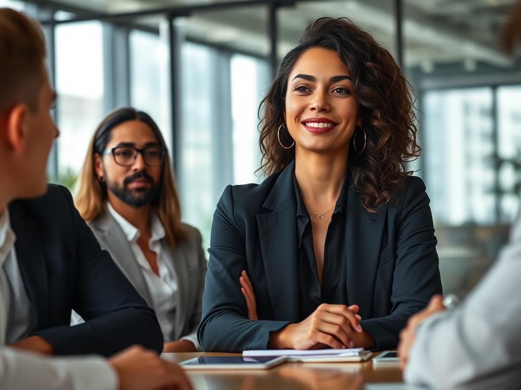 A high-resolution close-up image of a confident beauty professional leading a team meeting, with a modern and stylish office background, highlighting collaboration and empowerment, capturing an inspiring leadership moment.