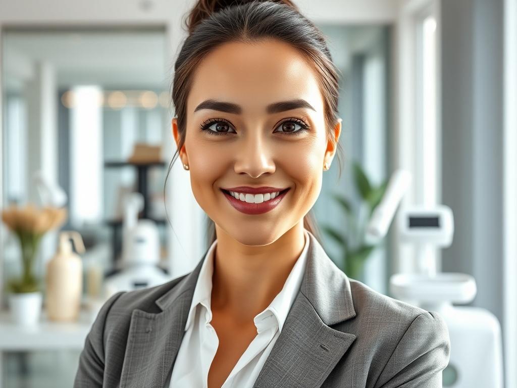A close-up portrait of a confident woman in a professional setting, showcasing her leadership qualities. She is standing in a modern aesthetic clinic, dressed in smart business attire, with a warm and inviting smile. The background features elegant decor and aesthetic equipment, creating a sophisticated atmosphere. The lighting is bright and natural, emphasizing her features. The image should be high-resolution and rendered in hyper-realistic style, compatible with the primary color #CFB07C.