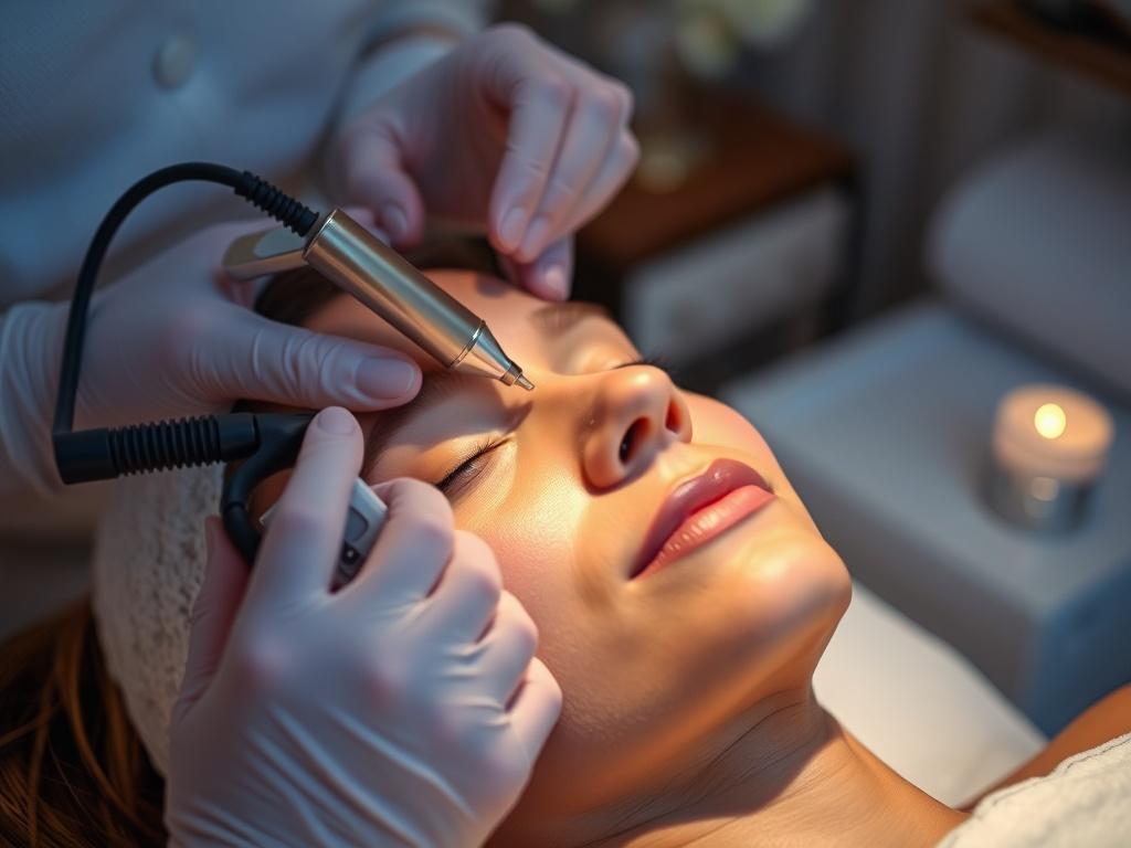 A close-up shot of a professional applying a regenerative aesthetic treatment to a client's face in a serene spa setting. The aesthetician uses a microneedling device with precision, while soft ambient lighting highlights the client's relaxed face. The background shows elegant spa decor, enhancing the atmosphere of rejuvenation.