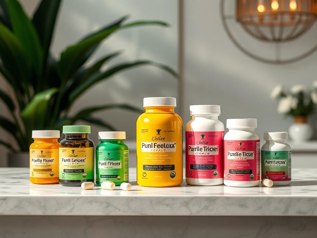A close-up shot of a selection of nutricosmetic supplements displayed elegantly on a marble countertop in a spa. The background features soft greenery and aesthetic decor that conveys a sense of calm and beauty. The focus is on the vibrant colors of the supplement packaging, inviting a sense of health and wellness.
