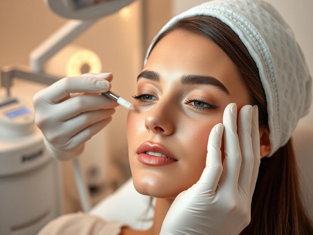 A close-up shot of a skincare professional applying BB Glow treatment on a client's face in a modern, well-lit aesthetic treatment room. The focus is on the client's glowing skin, highlighting the natural finish of the BB Glow treatment. The background features clean and sophisticated aesthetic equipment and soft, calming colors, enhancing the professional and luxurious atmosphere.