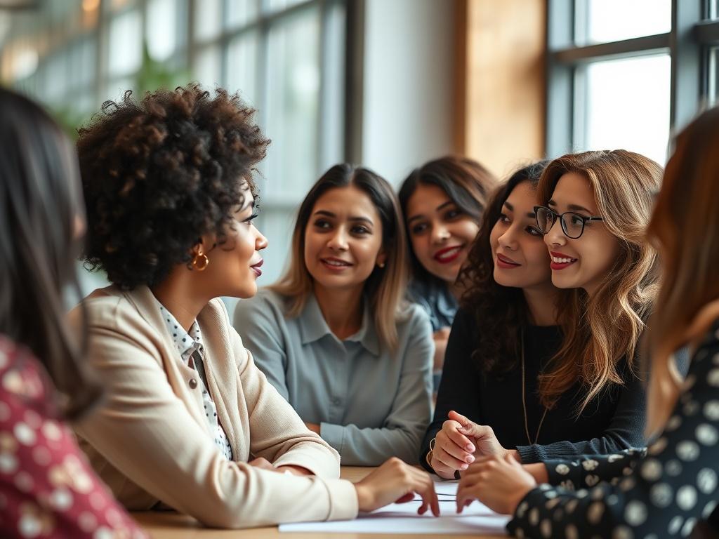 A high-resolution close-up shot of a diverse group of women in a leadership workshop, engaged in discussion and collaboration, with a modern aesthetic background.