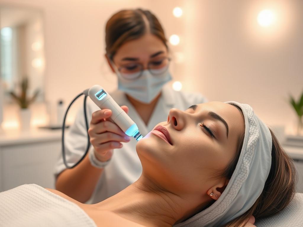 A high-resolution close-up shot of a professional in an aesthetic clinic using advanced electrotherapy equipment on a client, showcasing a serene and modern environment with soft lighting.