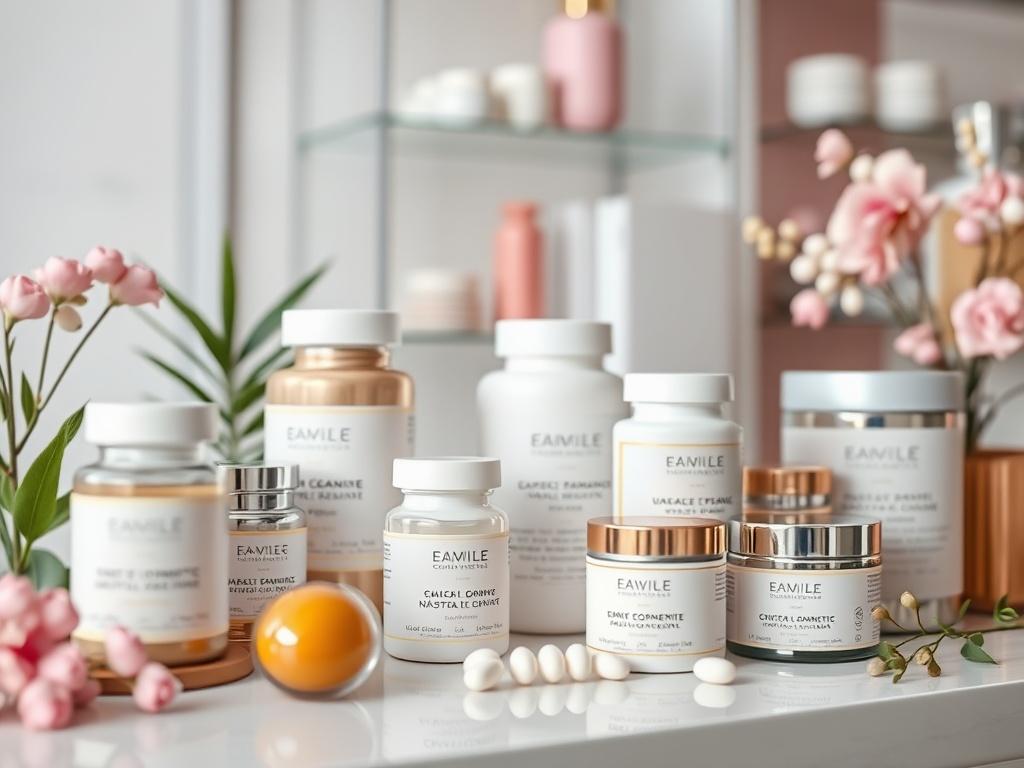 A high-resolution close-up shot of a beautifully arranged display of nutricosmetic supplements in an aesthetic clinic, with soft pastel colors and elegant packaging.
