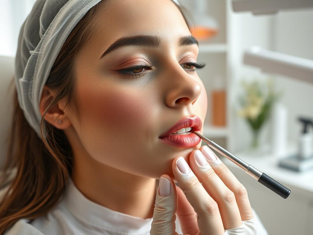 A professional beauty practitioner demonstrating lip blushing technique in a modern aesthetic clinic, with high-quality equipment and soft natural lighting, focusing on the lips and the practitioner's hands.