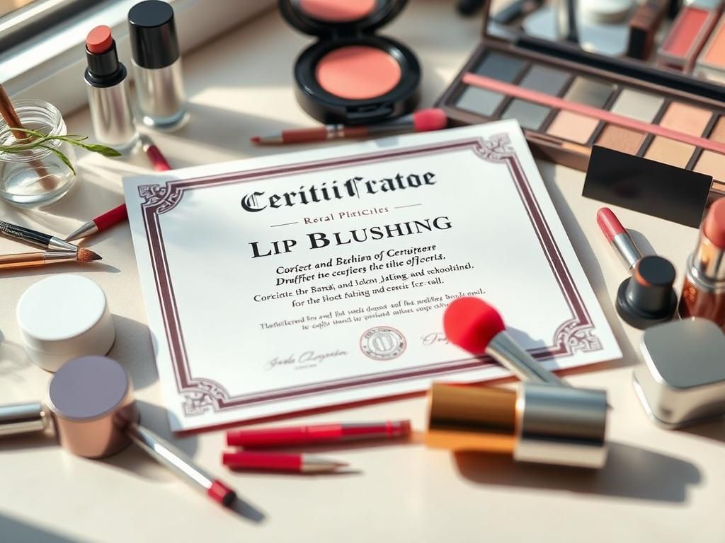 A close-up of a certificate of completion for a lip blushing course, surrounded by beauty tools and natural lighting, emphasizing professionalism and achievement.