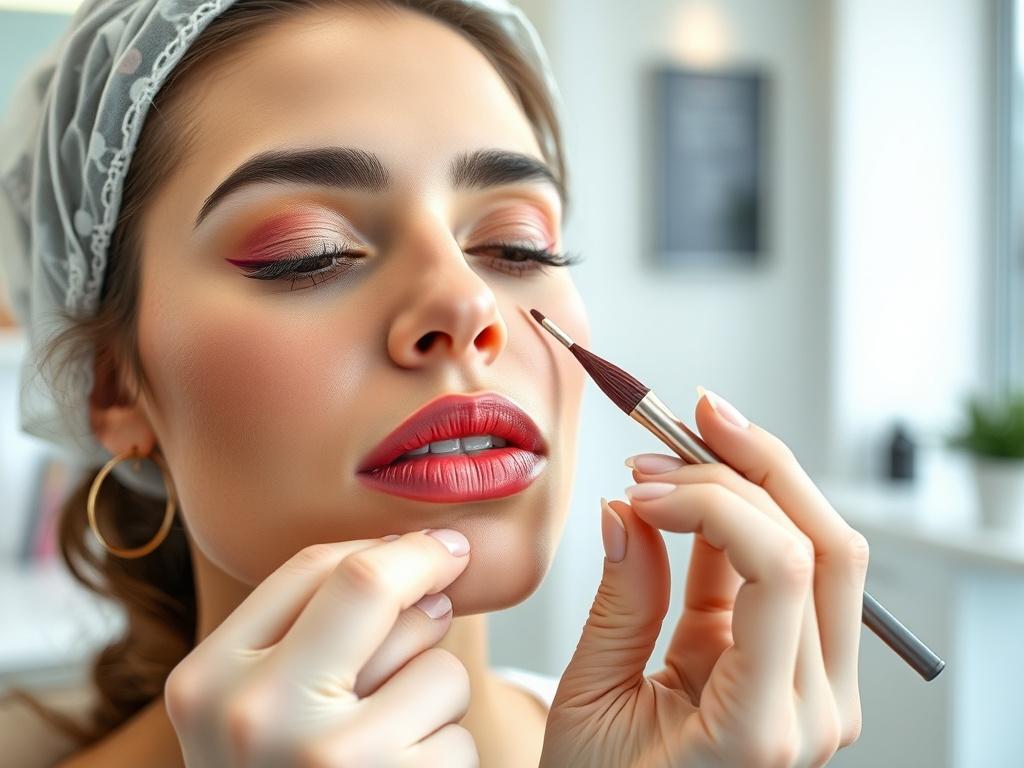 An aesthetician practicing lip blushing on a model in a bright, clean clinic environment, showcasing vibrant colors and precise techniques.