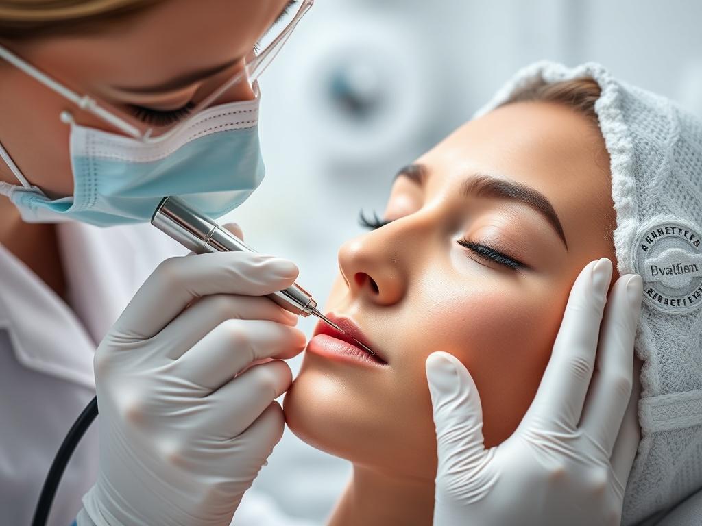 A hyper-realistic close-up shot of a professional aesthetician performing microneedling on a client's face. The setting is a modern, clean aesthetic clinic with soft, natural lighting. The aesthetician is focused, demonstrating precision with the microneedling device, while the client's skin shows signs of rejuvenation. The background is blurred to emphasize the aesthetician's technique and the serene environment.