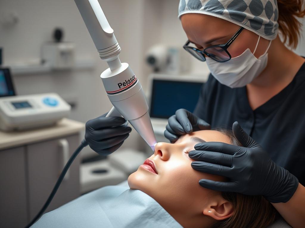 A focused shot of an aesthetic professional performing advanced Laser PMU techniques on a model in a modern clinic with high-tech equipment.