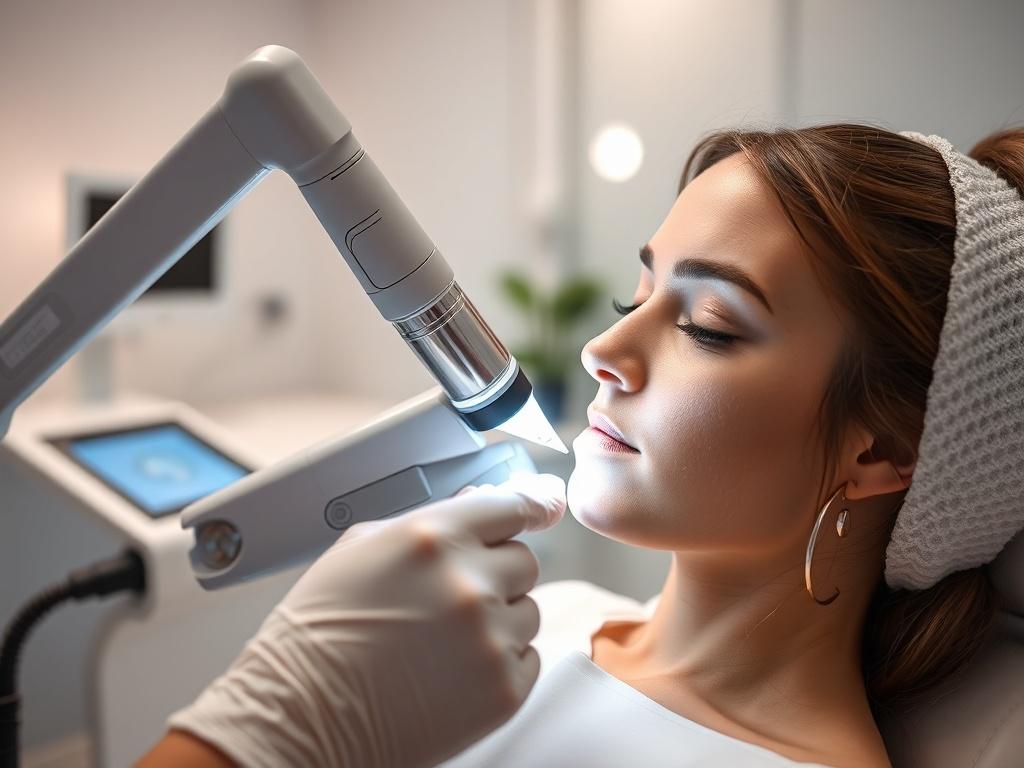 A close-up shot of an aesthetic professional applying laser PMU treatment in a modern clinic, showcasing advanced equipment and a serene environment.