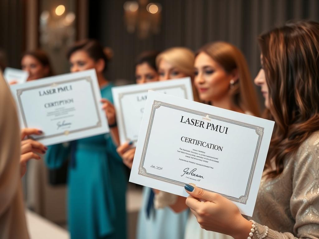 A high-resolution close-up of a certification ceremony, where aesthetic professionals receive their Laser PMU diplomas in an elegant setting.