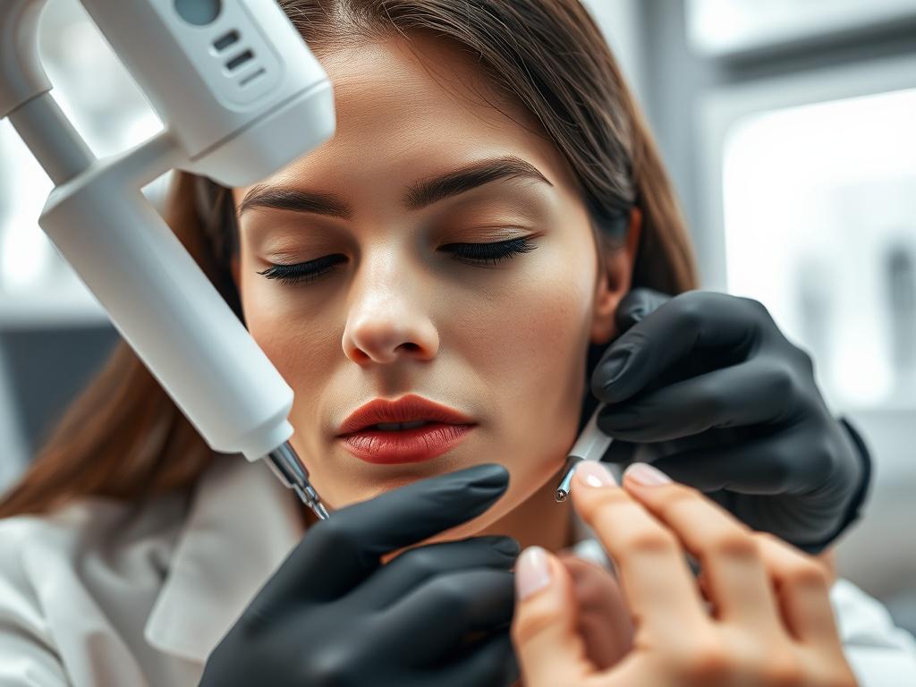 A close-up shot of a professional aesthetician demonstrating virtual mesotherapy on a model's skin. The aesthetician is focused and using advanced technology, with a sleek, modern aesthetic environment in the background. The lighting is soft, highlighting the skin's texture and the tools used in the procedure. The overall atmosphere conveys a sense of innovation, professionalism, and tranquility.