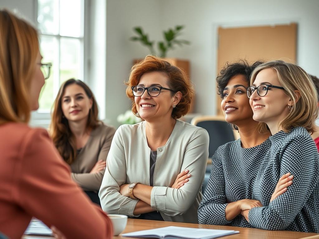 A high-resolution image of a group of empowered women in a workshop setting, engaged in leadership training. The atmosphere is dynamic, with a focus on collaboration and inspiration. Natural light fills the room, enhancing the sense of empowerment and community.
