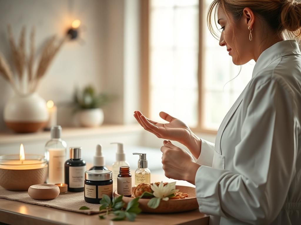 A high-resolution image depicting a serene wellness retreat, where a professional is demonstrating nutricosmetics in a tranquil setting. The focus is on natural beauty products and a calm environment, emphasizing holistic health and beauty.