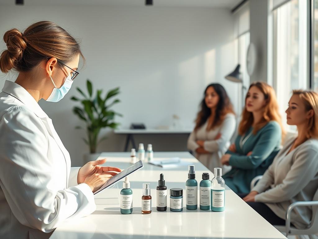A high-resolution image of a serene beauty clinic setting, showcasing a professional conducting a nutricosmetics course. The scene includes students attentively observing, with aesthetic products displayed on a modern table. Soft natural light illuminates the room, creating a calm and inviting atmosphere.