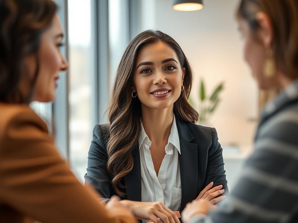 A close-up shot of a female entrepreneur in a modern office setting, engaged in a strategic mentoring session focused on aesthetics and beauty business development. The environment should convey a sense of empowerment and professionalism, with elegant decor and warm lighting.