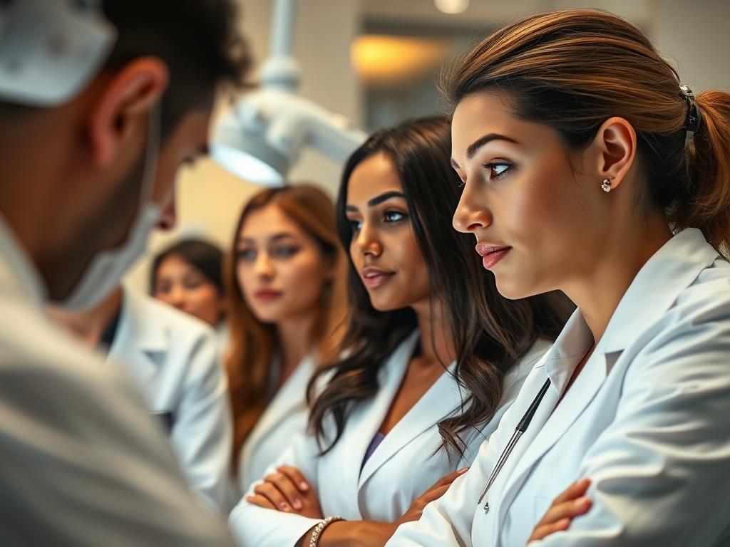 A close-up shot of a diverse group of professionals engaged in an advanced aesthetics training session in a modern clinic environment, showcasing high-tech equipment and a clean, elegant aesthetic. The focus should be on their expressions of concentration and learning, with soft, warm lighting to create a calm atmosphere.