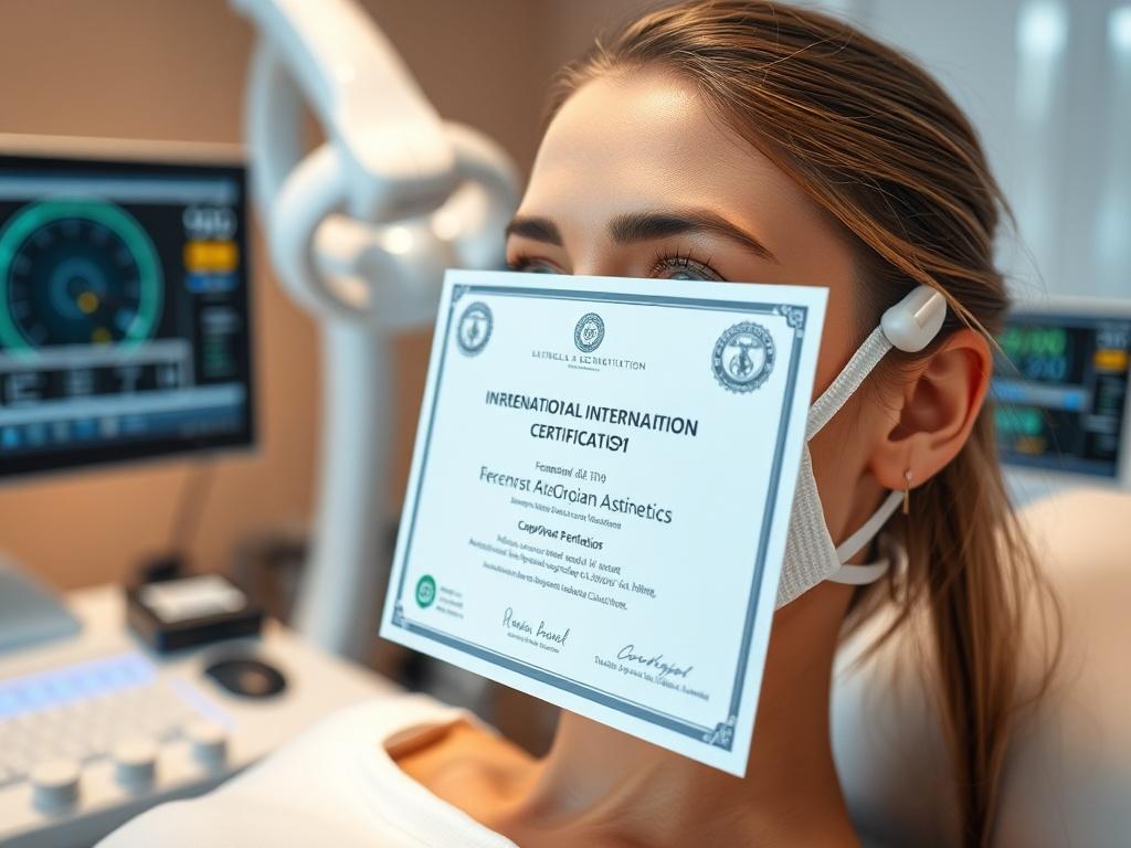 A high-resolution close-up shot of a professional receiving an international certification in regenerative aesthetics, surrounded by modern technology and a serene environment. The atmosphere should reflect professionalism and achievement, capturing the moment of receiving the certification.