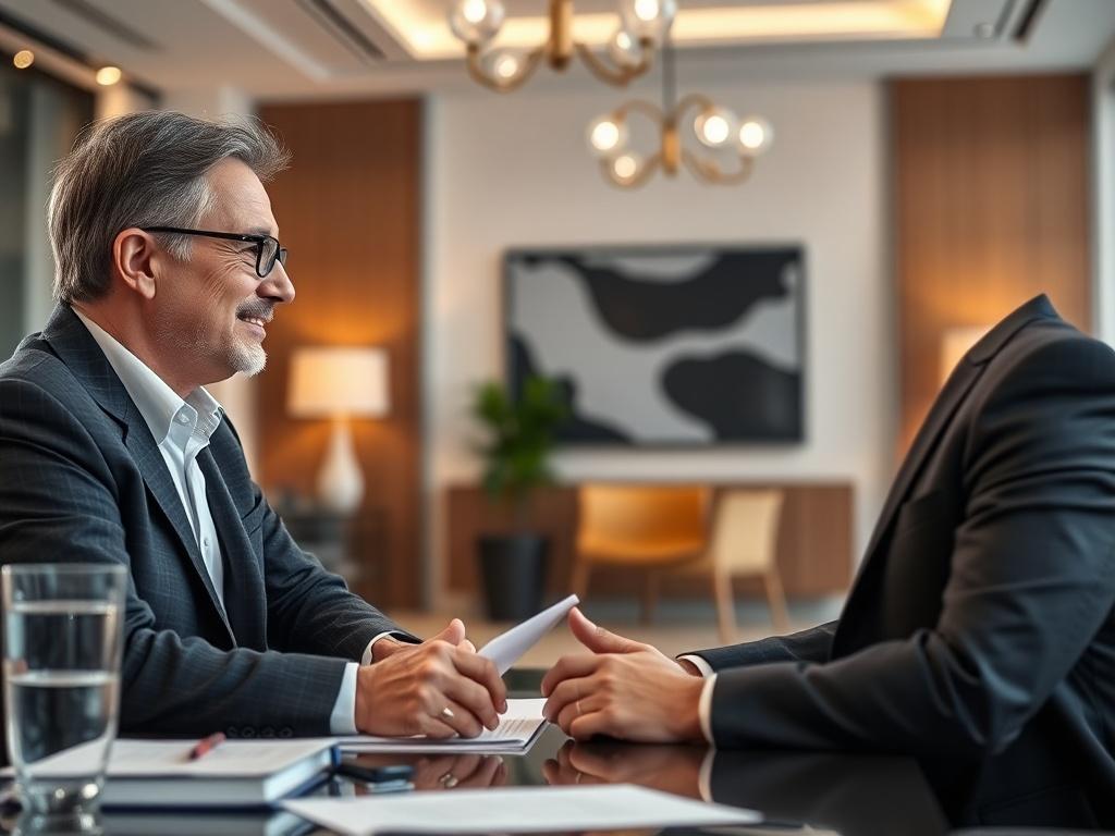 A high-resolution photo of an experienced mentor and a mentee engaged in a one-on-one discussion in an elegant office setting, showcasing professionalism and strategic planning, with a focus on their interaction and the modern decor surrounding them.