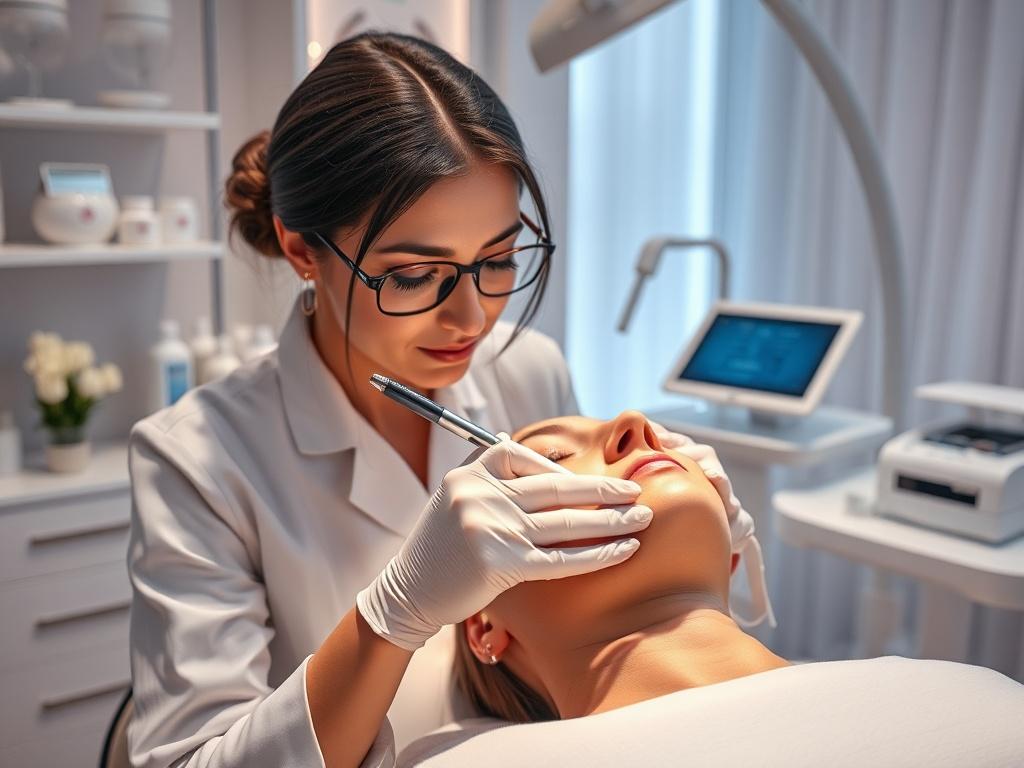 A high-resolution photo of a professional aesthetician demonstrating elegance while working in a modern beauty clinic, surrounded by advanced technology and serene decor, with a focus on a close-up of their hands skillfully performing a beauty treatment.