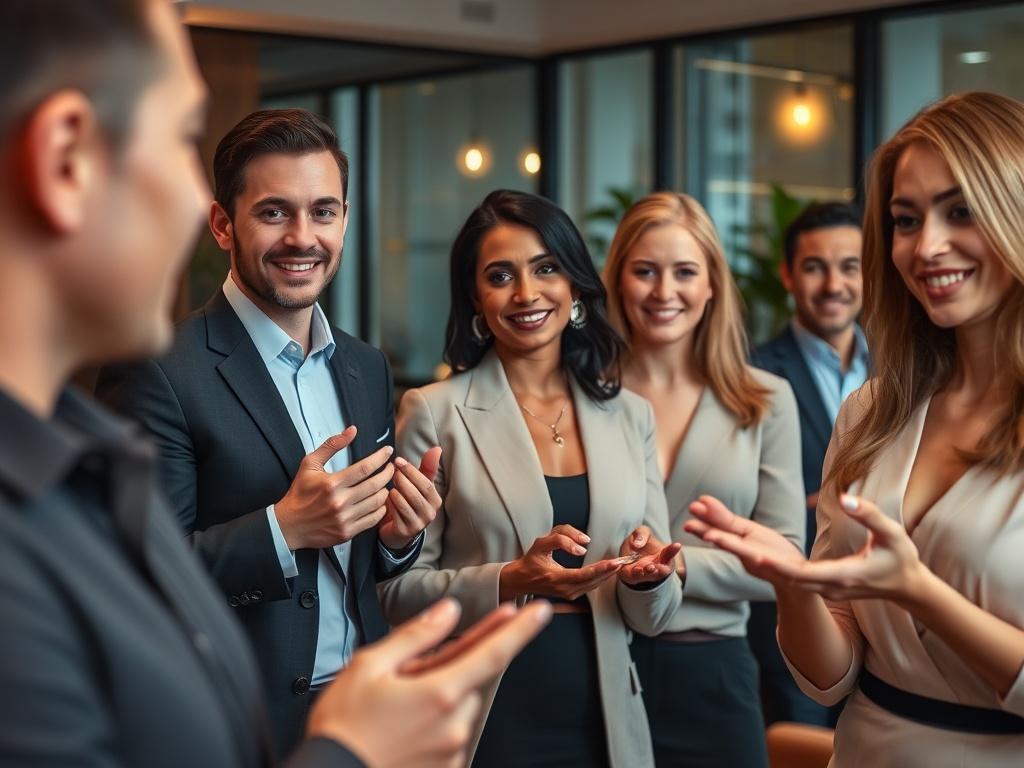 A high-resolution photo of a group of professionals participating in a personal presentation workshop, practicing etiquette in a stylish environment, showcasing elegance and confidence, with warm lighting and modern decor.