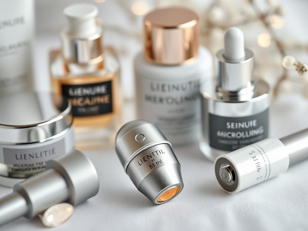 An elegant image of a close-up of a microneedling device alongside skincare products, emphasizing the luxurious and professional nature of the treatment.