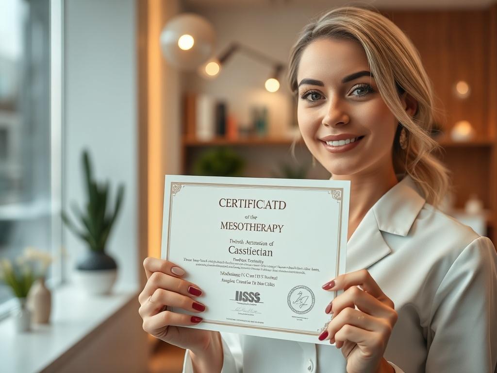 A high-resolution close-up photo of a certified aesthetician proudly holding their mesotherapy certification in a modern clinic setting, with a warm and inviting ambiance.