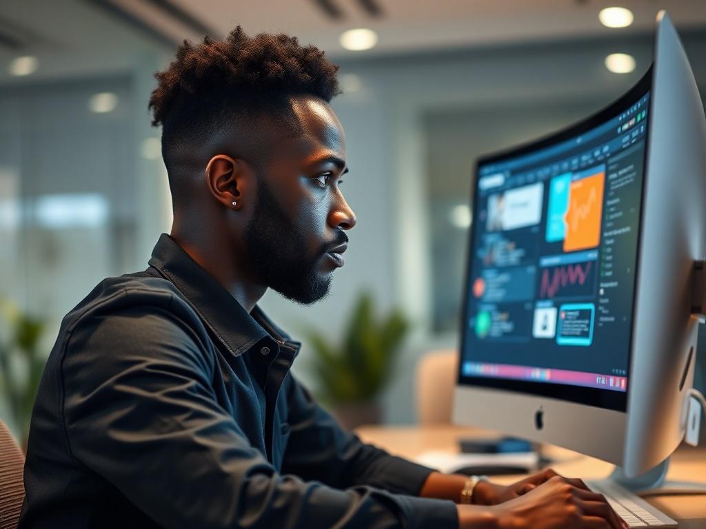 A focused Black man sitting in front of a sleek computer screen, deeply engaged in work. The background features a modern, minimalistic office setting with soft lighting enhancing the atmosphere. The subject should be the primary focus, showcasing concentration and professionalism, with the computer screen displaying a vibrant, dynamic interface related to chatbot technology.