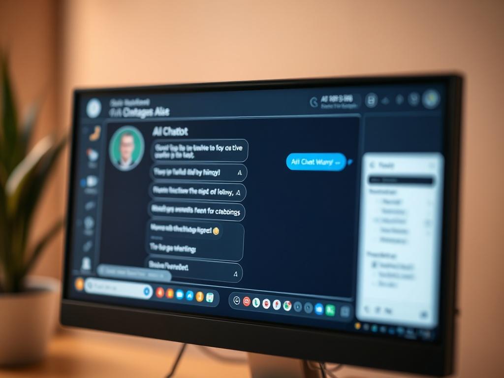 A hyper-realistic close-up shot of a computer screen displaying an AI chatbot interface. The screen shows an engaging conversation between a user and the AI, with friendly and intuitive design elements. The background is softly blurred to emphasize the screen, incorporating warm tones that align with the rgb(122, 86, 4) primary color. The overall composition is clean and focused, showcasing the technology in action.