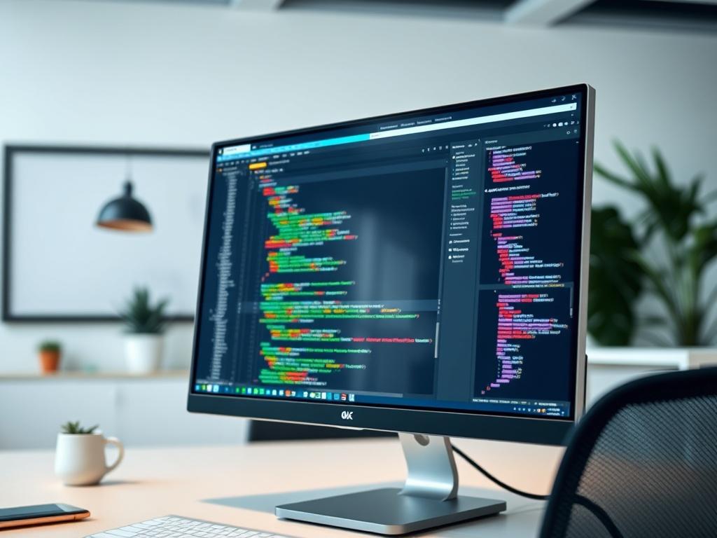 A realistic high-resolution photo of a computer screen displaying a modern website development interface. The screen should show code and design elements, with a clear layout and vibrant colors. The background should be a clean, minimalistic office environment with soft lighting, emphasizing the focus on the computer screen. The image should convey a sense of creativity, technology, and professionalism.