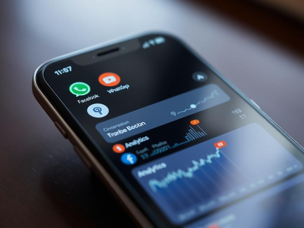 A close-up shot of a modern chatbot interface displayed on a smartphone screen, showcasing various integration options like social media icons (Facebook, Instagram, WhatsApp) and analytics graphs. The background should be blurred, highlighting the phone and its features, emphasizing the sleek design and vibrant colors of the chatbot interface. The image should reflect a professional and tech-savvy atmosphere, with a focus on user engagement and communication.