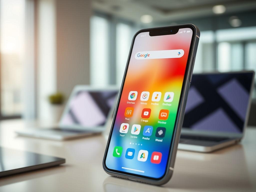 A close-up shot of a smartphone displaying a sleek, user-friendly mobile app interface. The background is a modern office setting with a clean desk and a laptop in the blurred background, conveying a professional atmosphere. The app interface should showcase vibrant colors and intuitive design elements, highlighting its usability and appeal. The image should be shot with a 45mm f/1.2 lens style, focusing on the smartphone to emphasize its importance in app development.